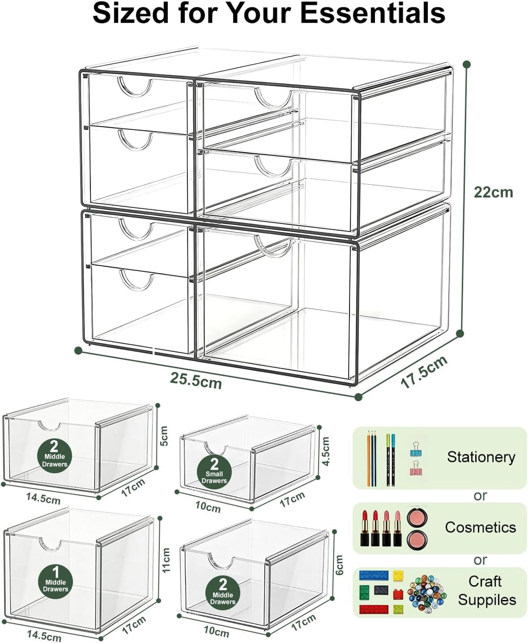 GoMaihe Acryl Schreibtisch Organizer mit 7-Schubladen: 2 Stücke Schubladenbox | Durchsichtig Schmink