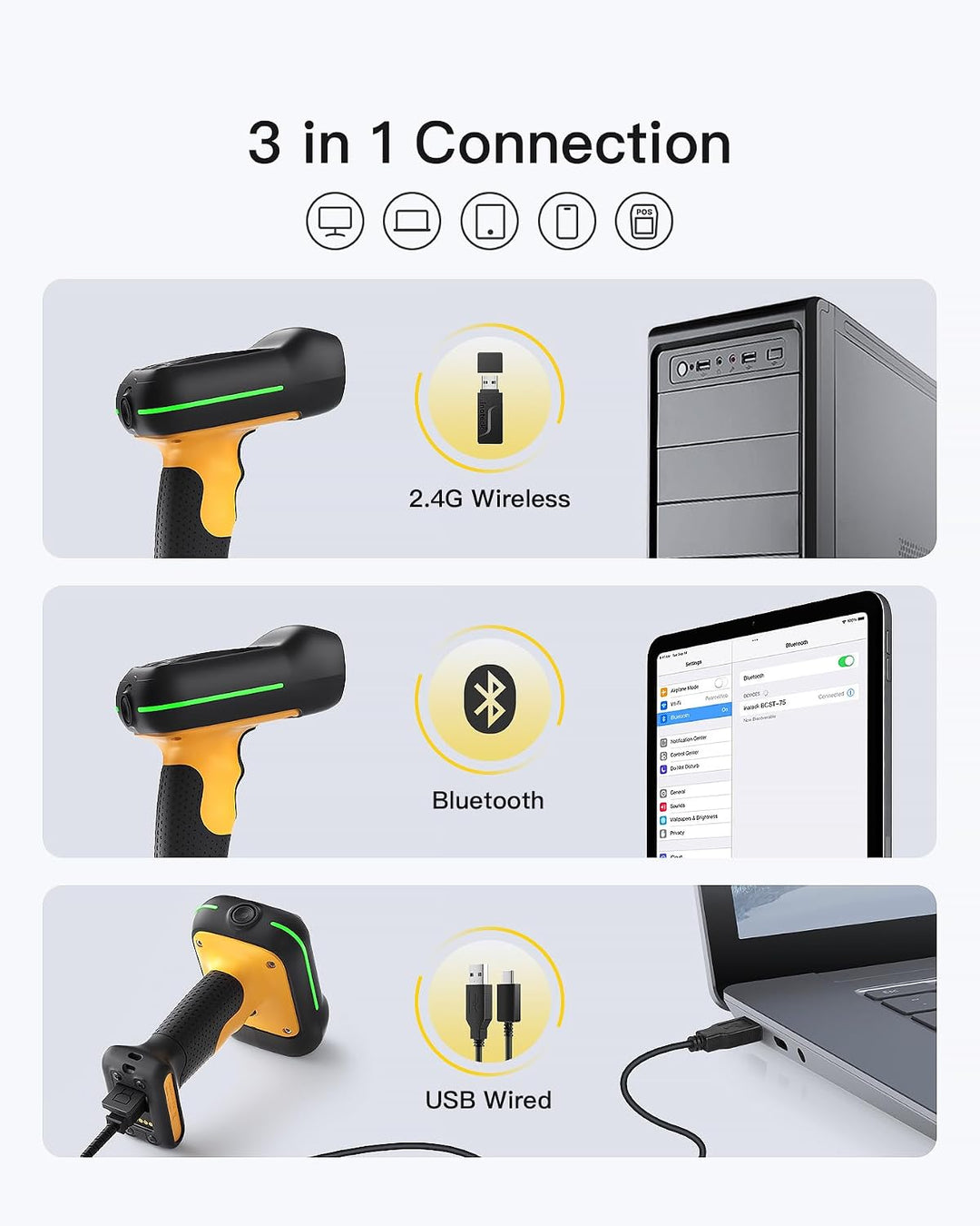 Inateck Barcode Scanner Bluetooth, 1D 2D QR Code Scanner Kabellos, Industrieller IP67 Wasser- und St