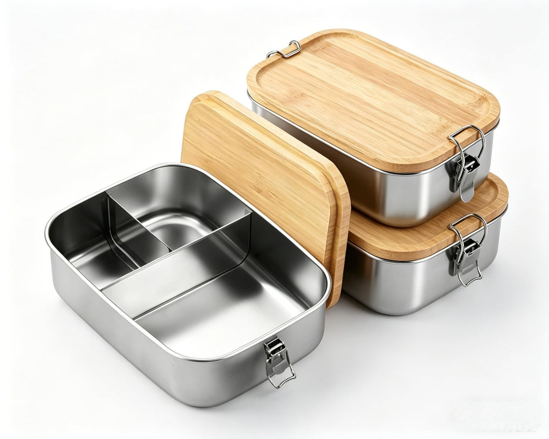 STARVAST 2 Stück Lunchbox für Erwachsene Kinder, Edelstahl Brotdose mit Fächern Holzdeckel,BPA-frei