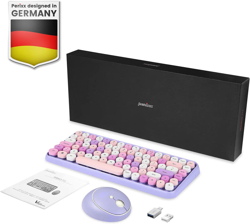 Perixx PERIDUO-713PP Kabellose Mini-Tastatur und Maus-Kombination - Retro runde Tastenkappen- Pastel