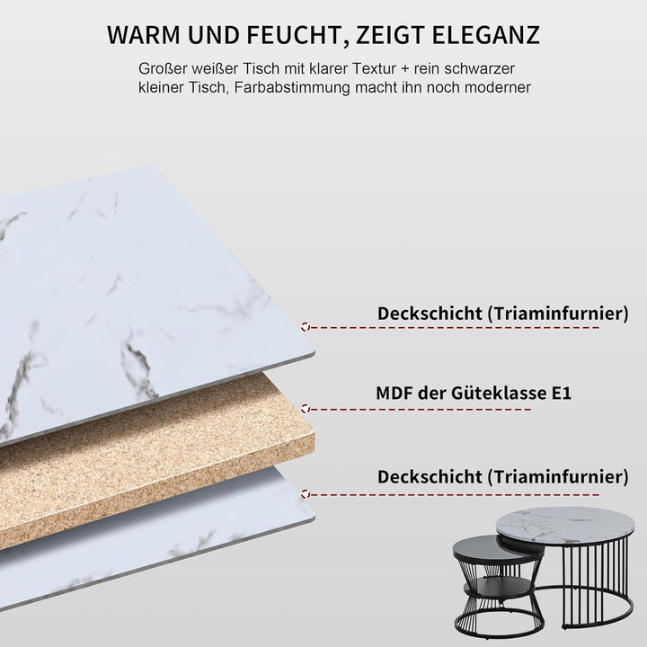 Merax Runder Couchtisch 2er Set, Moderne Beistelltisch mit Hochglanz Marmoriert für Wohnzimmer, Satz