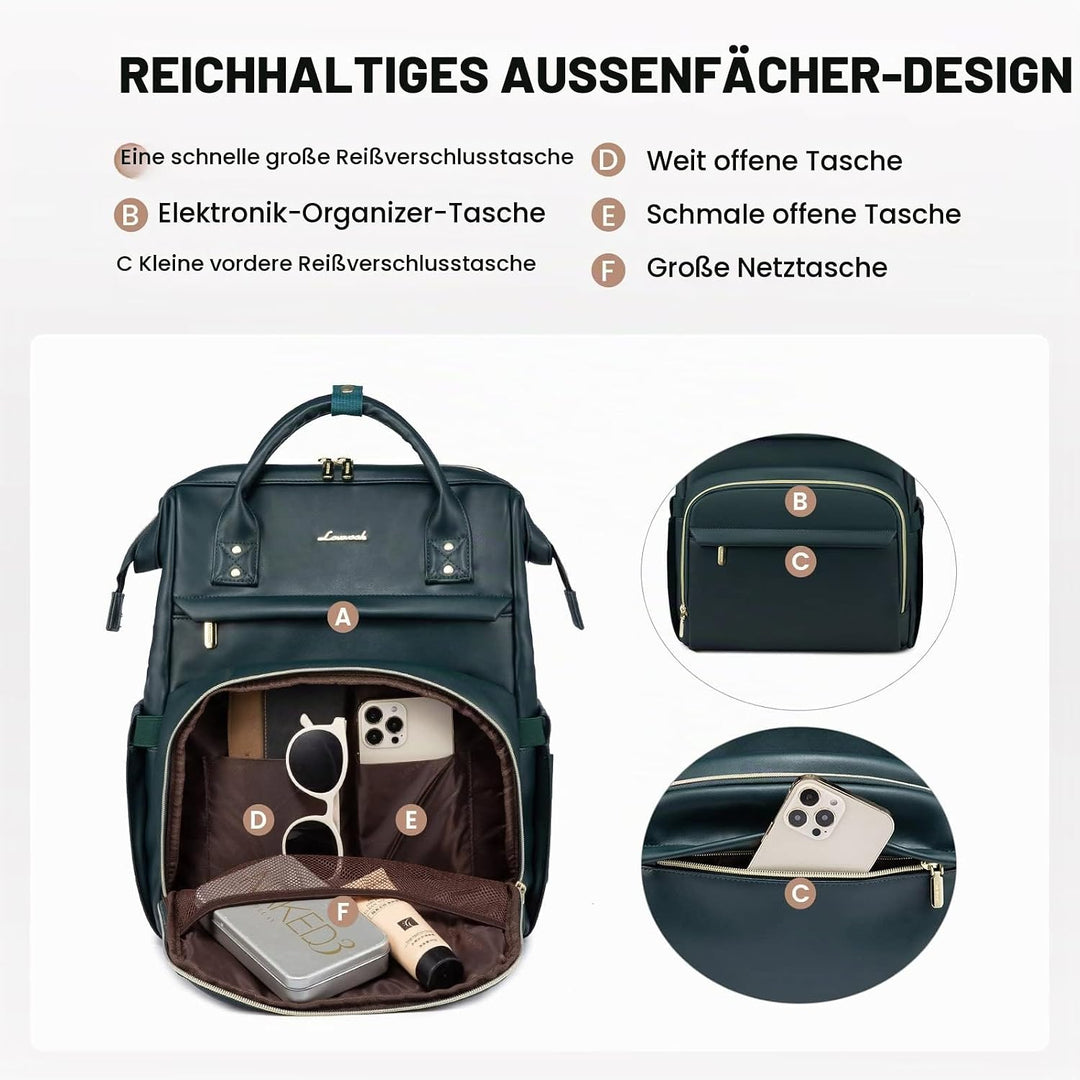 LOVEVOOK Rucksack Damen, Gross Wasserdicht 17 Zoll Laptoptasche Schulrucksack, PU Leder Schultasche