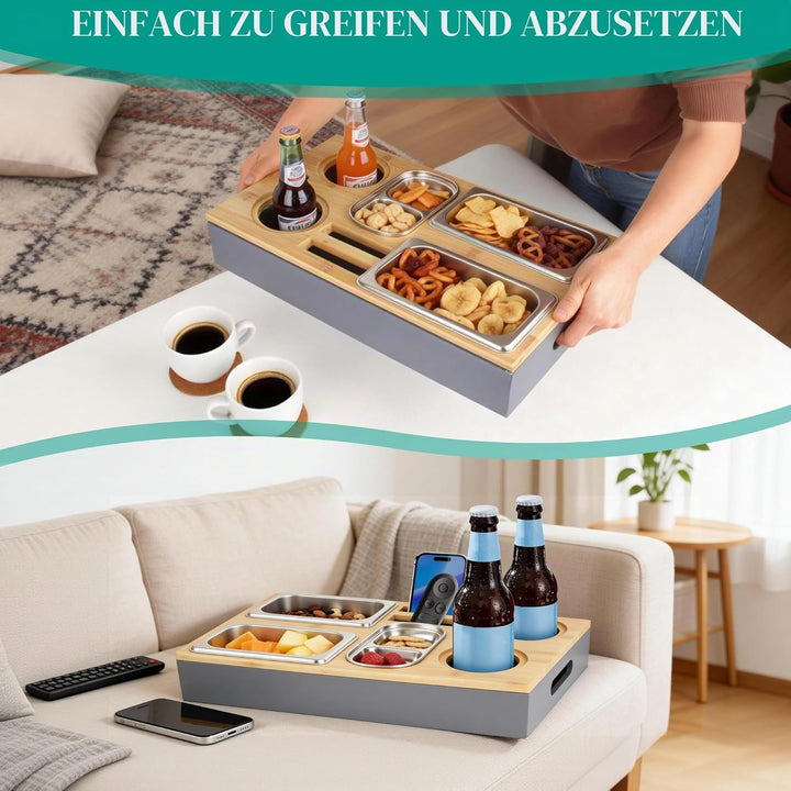Couchbar Snackbox, Sofa Couch Tablett, Praktischer Sofatablett, mit Fächern, Abnehmbarer Deckel,mit