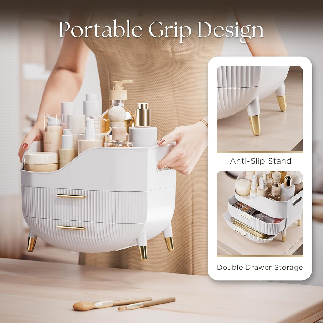 Make Up Organizer mit 2 Schubladen, Grosse Anti-Rutsch Schminktisch Organizer, Kosmetik Organizer, I