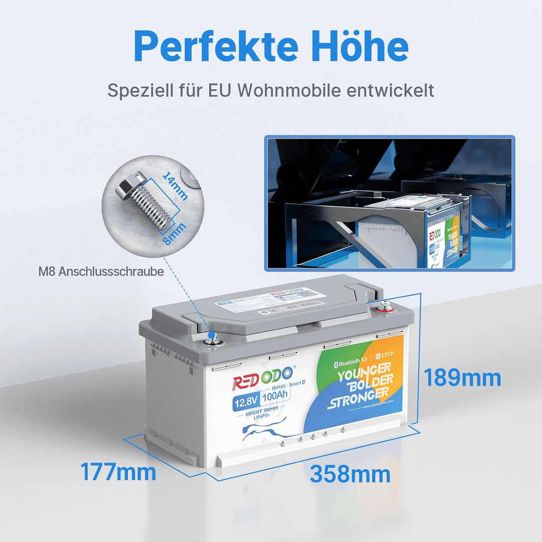 Redodo 12V 100Ah Bluetooth LiFePO4 Batterie mit 188mm Höhe, 1280Wh Tiefzyklus Lithium Batterie mit S