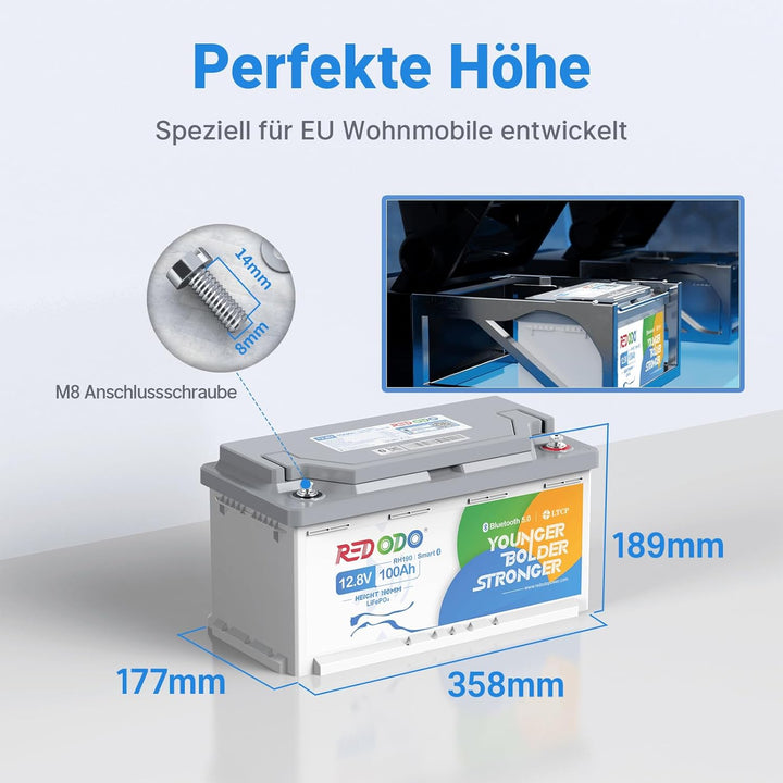 Redodo 12V 100Ah Bluetooth LiFePO4 Batterie mit 188mm Höhe, 1280Wh Tiefzyklus Lithium Batterie mit S