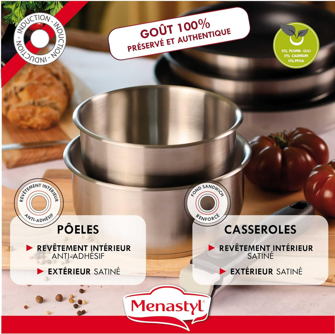 Kochgeschirr-Set - Induktion - MENASTYL - 7930018 - Edelstahl - 6-teilig - Abnehmbarer Griff - Grau