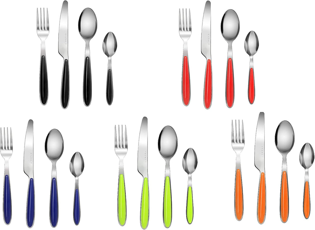EXZACT Rostfrei Stahl Besteck Set einem Plastikhalter 24 PCS - Farbige Griffe - 6 Gabeln, 6 Messer,
