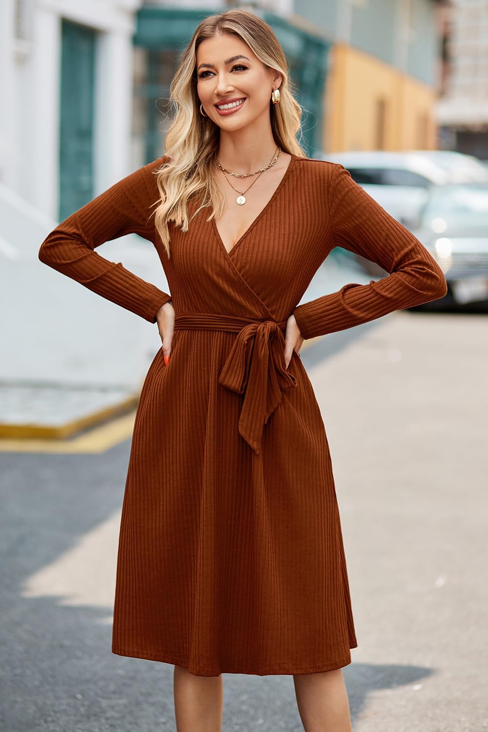 Newshows Strickkleid Damen Herbstkleid V Ausschnitt Pulloverkleid Winterkleid Kleid mit Taschen für