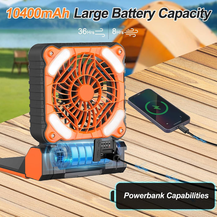 Camping Ventilator mit Akku 10400mAh, Solar Ventilator Outdoor mit LED-Licht, 4 Geschwindigkeiten Tr