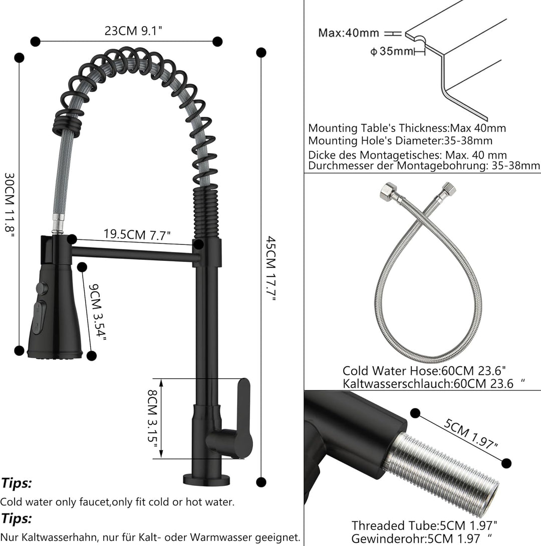 LIWEIKE Wasserhahn Kaltwasser Schwarz, 360° Drehbarer Kaltwasser armaturen mit 3 Strahlarten Wasserh