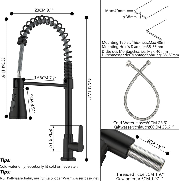 LIWEIKE Wasserhahn Kaltwasser Schwarz, 360° Drehbarer Kaltwasser armaturen mit 3 Strahlarten Wasserh