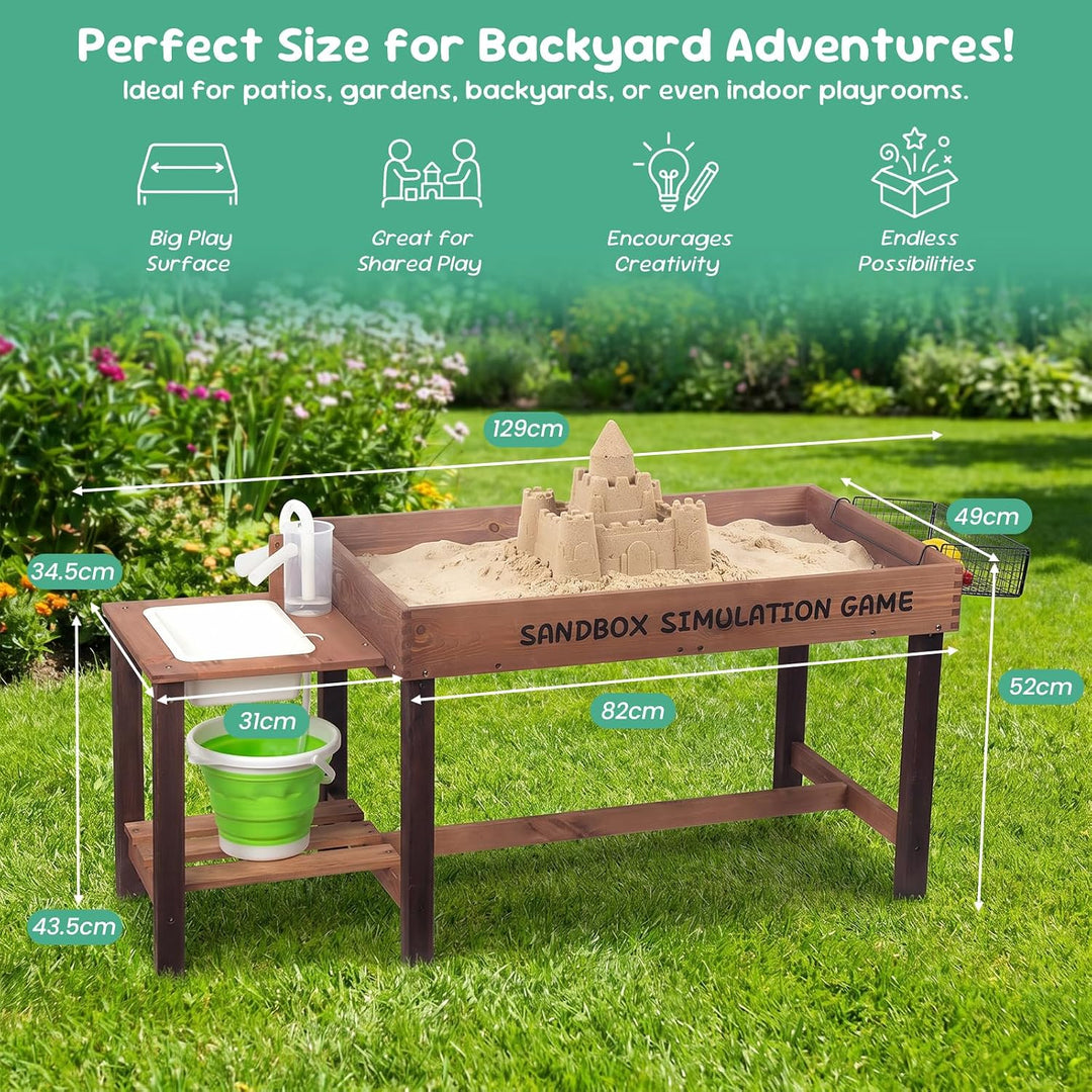 WOODENFUN Matschküche für Kinder Outdoor Sandkasten mit Dekoration Holz Zubehör, Spülen, Eimer, Sand
