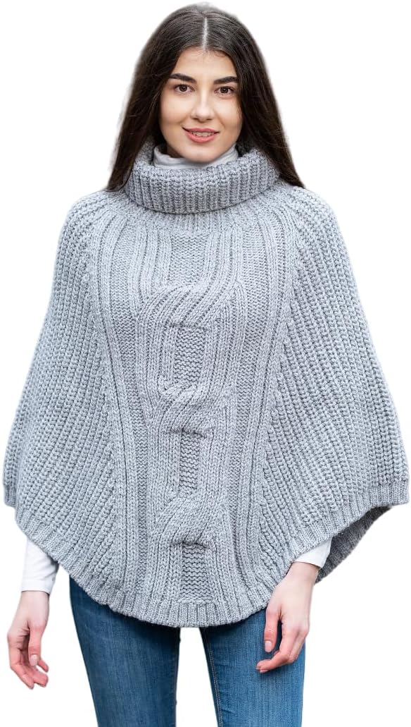 SAOL Damen Poncho aus 100% Merinowolle mit Zopfmuster für Damen Einheitsgrösse Einheitsgrösse Grau,