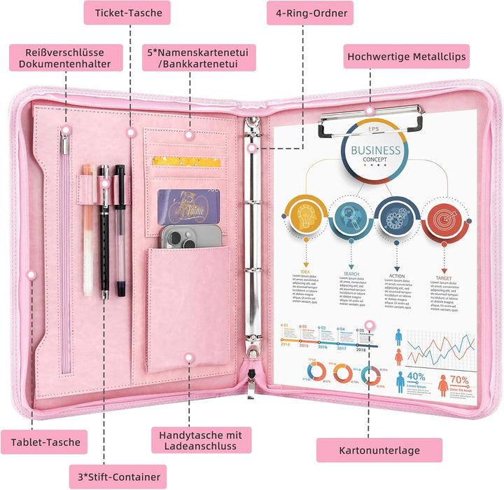 Schreibmappe 4 Ringbuch A4 Konferenzmappe Reissverschluss Leder Wasserdicht Organizer Mappe Dokument