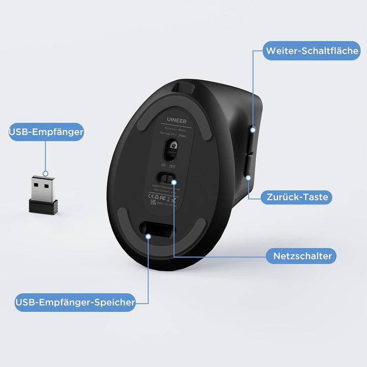 Vertikale maus kabellos, 2,4G ergonomische maus mit Akkuanzeige, 4 Stufen DPI, computermaus für Bequ