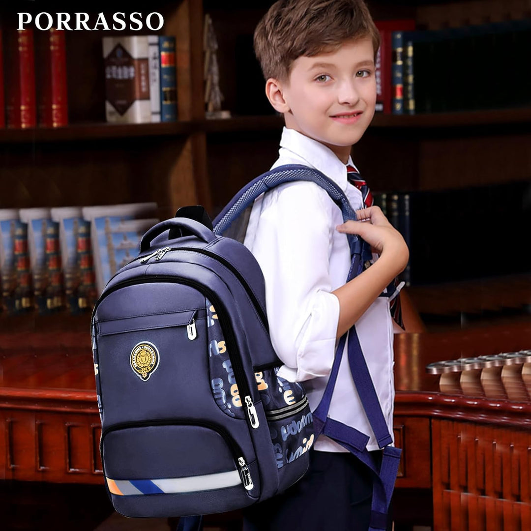 PORRASSO Schulrucksack Jungen Rucksack Schüler Daypack Ergonomischen Kinder Rucksäcke Reflektierende