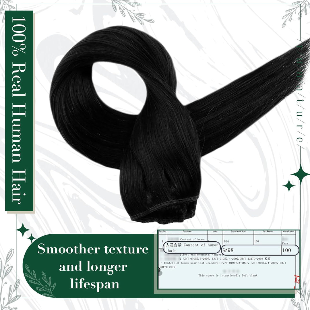 RUNATURE Clip in Extensions Echthaar Schwarz 35cm 3pcs Echthaar Extensions Clip Seamless Haarextensi