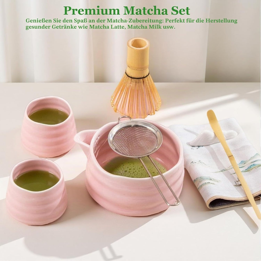 Matcha-Set, 9-teilig, rosa Matcha-Set mit Bambus-Matcha-Schneebesen, Keramikschale, Tasse, Halter, S