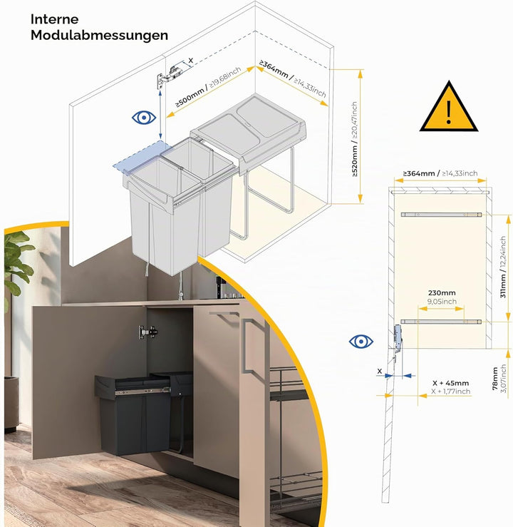 Emuca - Recycling-Behälter für die Küche, Bodenbefestigung und Handauszug, 2x25l, Kunststoff anthraz