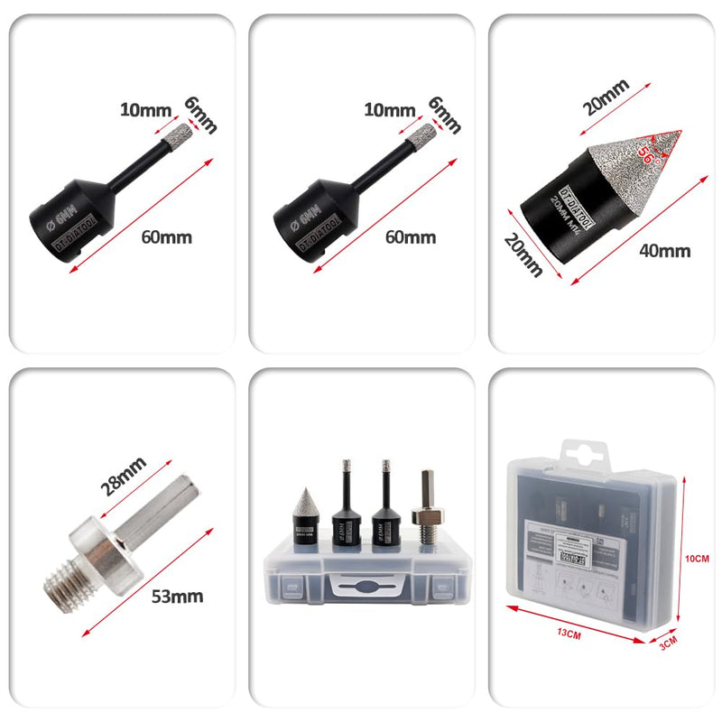 DT-DIATOOL Diamant-Bohrer-Set 6/6mm und 20mm Diamant-Fasenbohrer mit Sechskantadapter für Porzellan