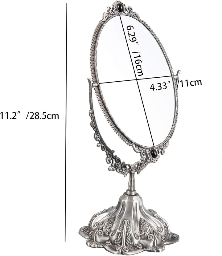 Feyarl Vintage-Schminkspiegel, oval, floraler Tischspiegel, doppelseitig, drehbar, mit Ständer, für
