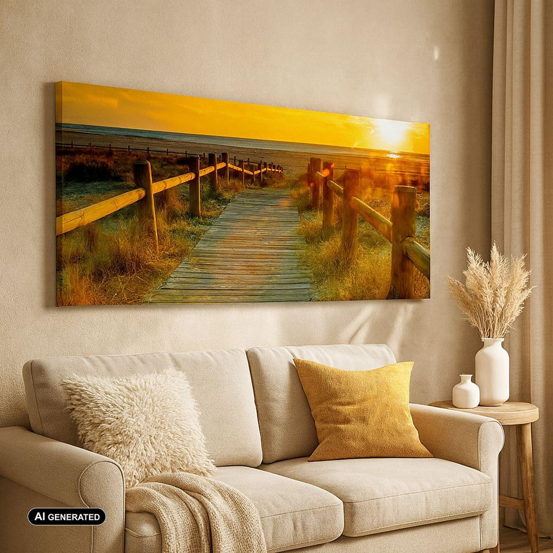 Wandbilder Dekoration Wohnzimmer Fussgängerbrücke Strand Urlaub Sonne Bilder auf Leinwand 120x50cm L
