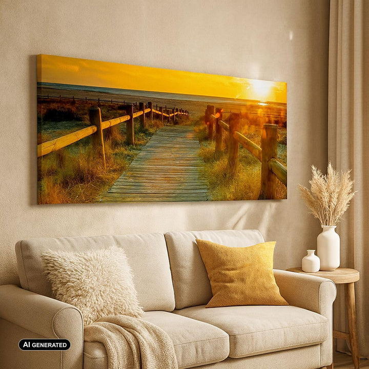 Wandbilder Dekoration Wohnzimmer Fussgängerbrücke Strand Urlaub Sonne Bilder auf Leinwand 120x50cm L