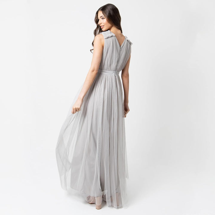Maya Deluxe Damen Womens Ladies Maxi Dress with Ruffle V Neck Sleeveless High Empire Waist Long for