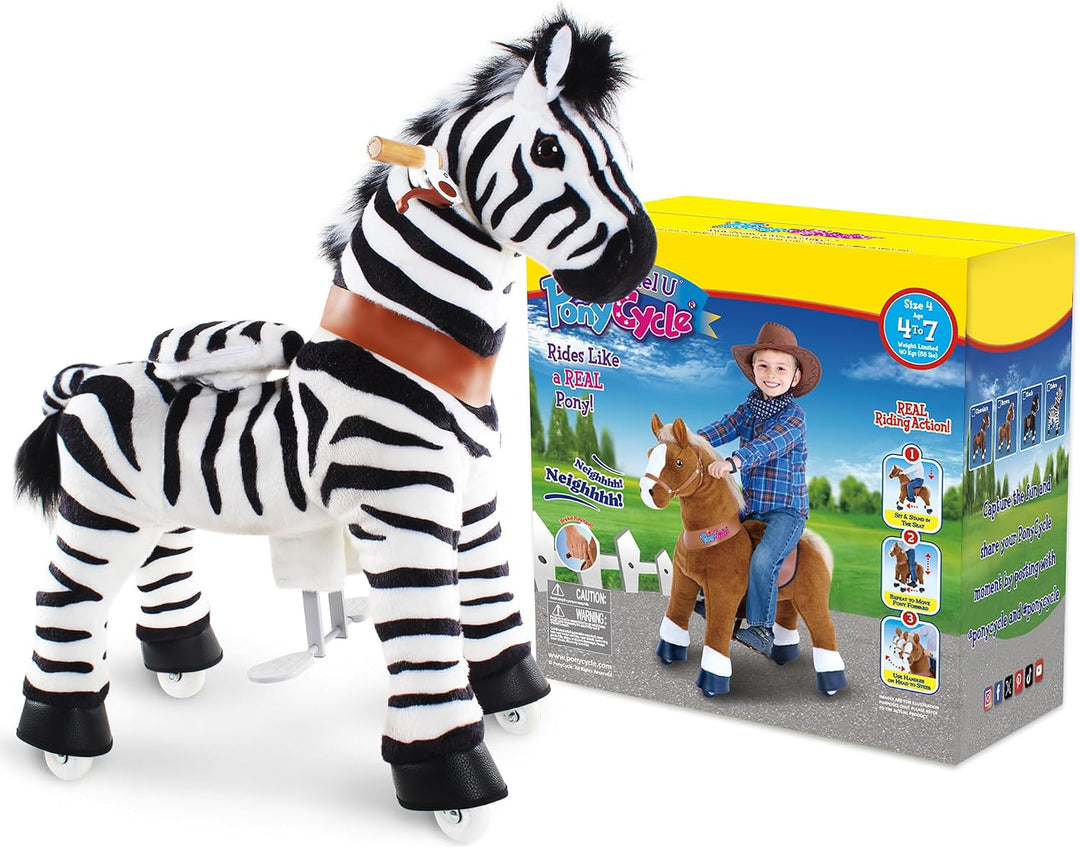 PonyCycle Zebra Pferd zum Reiten, für Kinder 4–7 Jahre, 76cm Hoch, Reitpferd auf Rollen mit Handbrem