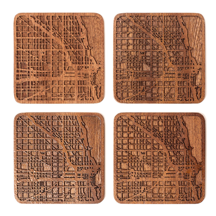 Chicago Untersetzer mit Landkarte aus Sapeli-Holz, 4 Stück, mit Stadtkarte, mehrere Stadt optional,