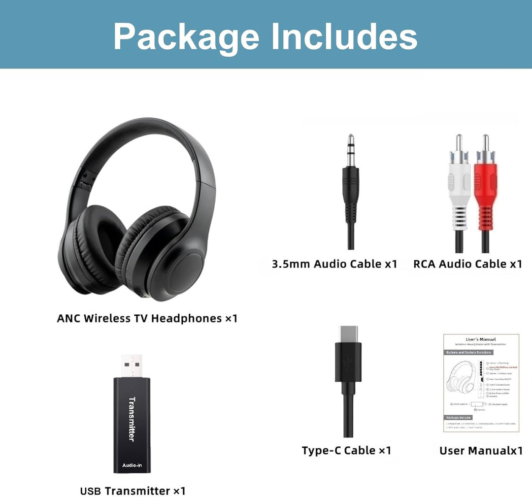 Kabellos TV-Kopfhörer für Senioren mit ANC, Bluetooth 5.3 & 3-in-1-Sender (USB/RCA/AUX) für Nicht-Bl