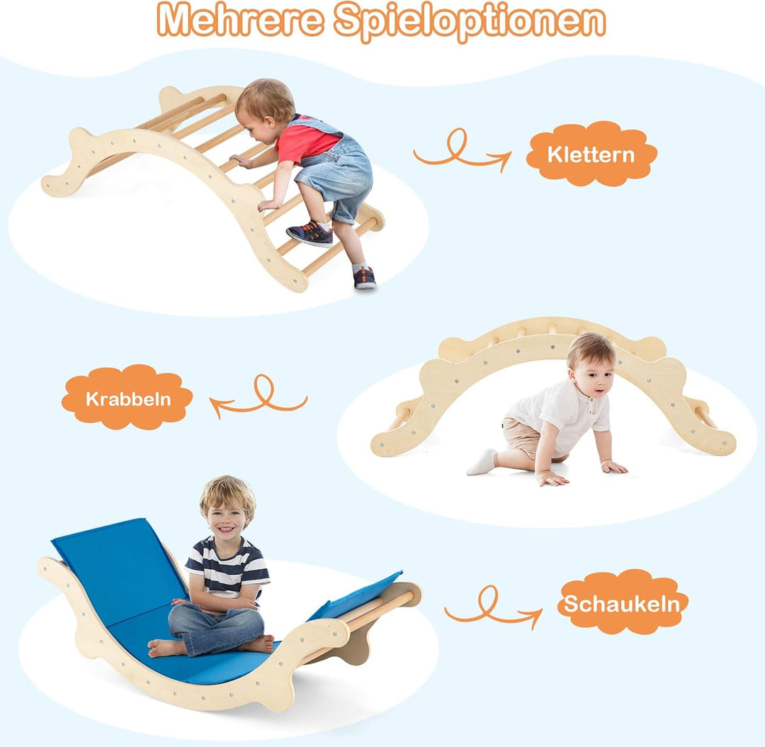 COSTWAY Kletterbogen mit Kissen, Kletterdreieck mit Rutsche Holz, 3 in 1 Klettergerüst Indoor zum Ru