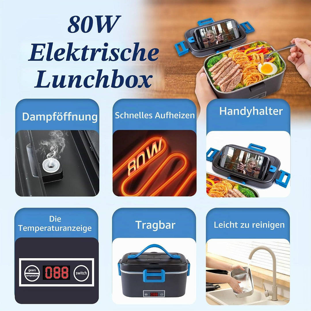 Kimfead Elektrische Lunchbox mit Anzeige Temperatur Lunch Box Elektrisch 80W Electric Lunch Box 1.8L