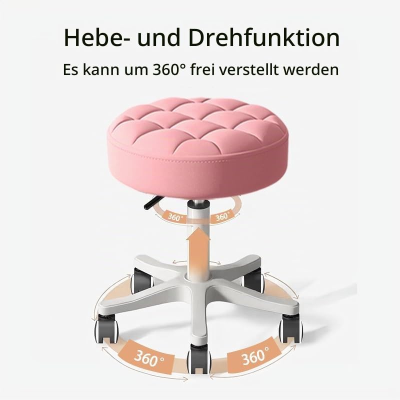 Kleiner Hocker – Runder Rollhocker mit Rädern – Höhenverstellbarer Drehschemel aus PU-Leder – Arbeit