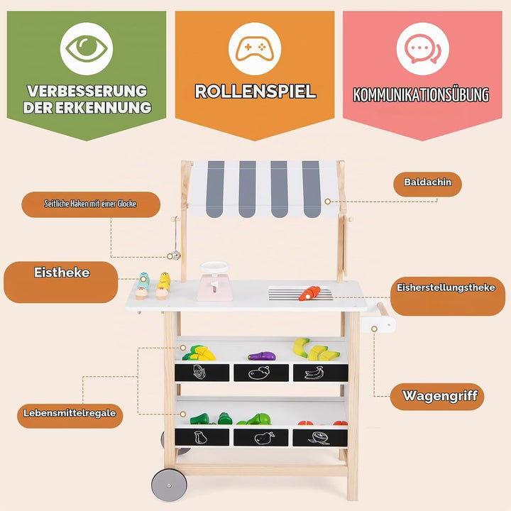 HOMASIS Kinder Eiswagen inkl. Zubehör, Kaufladen mit 6 Spielzeug-Eiscreme, Eisdiele mit beweglichen
