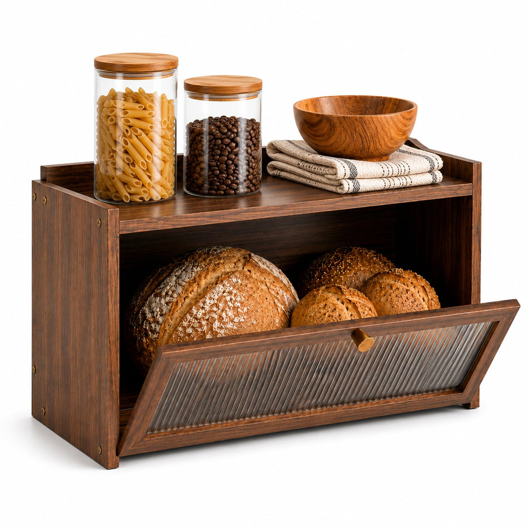 AH® Brotkasten Holz Vintage mit Sichtfenster – Brotbox mit Belüftung – Bread box– Brotbewahrung im L