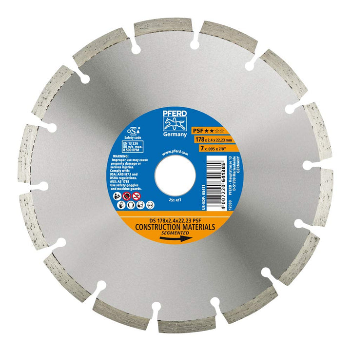 PFERD Diamant-Trennscheibe PSF | 178 x 2,4 x 22,23 mm | 68017221– Segmentierter Rand für schnelles T