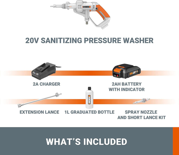 WORX WP650E Hydroshot Akku Drucksprühgerät 20V mit feinem Sprühnebel und 1L Flaschentank – inkl. 2Ah