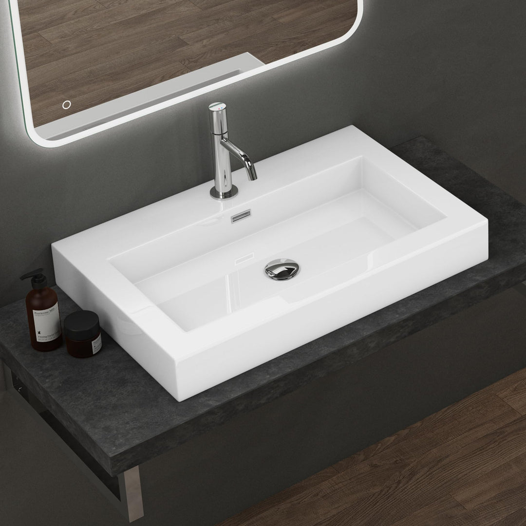 doporro Waschbecken 73x48x10cm Aufsatzwaschbecken Weiss aus mineralguss Gussmarmor Waschtisch Coloss