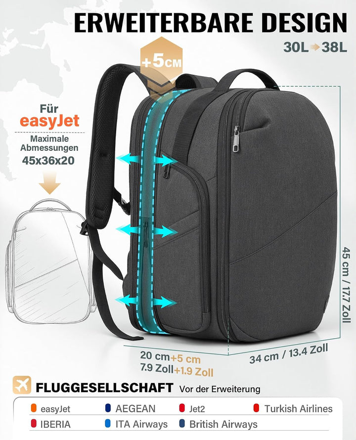 VANKEV - Morph D Erweiterbarer Reiserucksack 30L bis 38L - Unterflur Handgepäck Rucksack für EasyJet