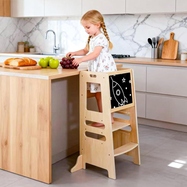 Montessori Lernturm mit Kreidetafel &amp; 3-stufig höhenverstellbar – 2-in-1 Küchenhelfer aus Holz für K