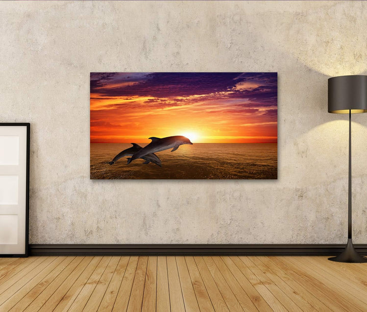islandburner Bild auf Leinwand Delfin Springende Delfine Schöner Roter Sonnenuntergang Am Meer Bilde