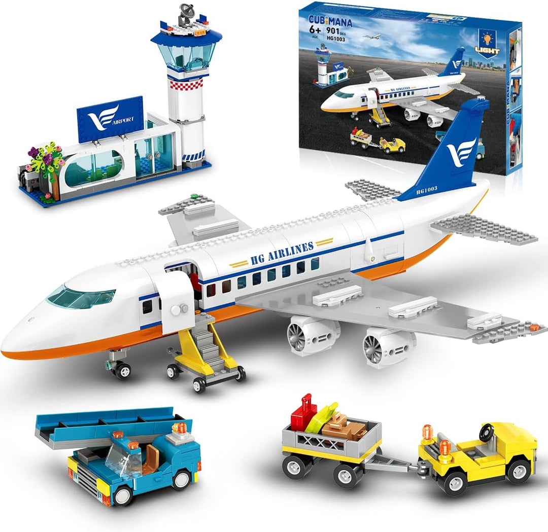 901PCS Flughafen Bauspielzeug | Grosses City Passagierflugzeug Bauset mit LED-Licht, 2 Gepäckwagen,