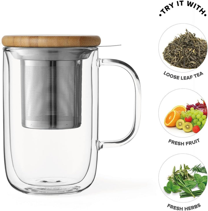 Viva Scandinavia Teetasse Glas doppelwandig mit Griff, Thermoglas mit Edelstahl-Sieb für Losen Tee-B