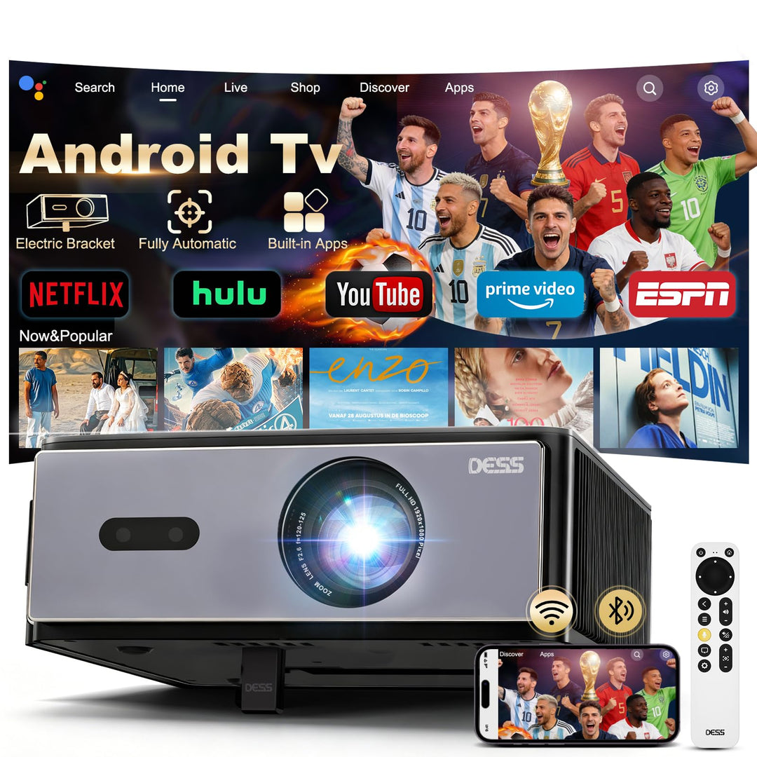 Projektor, Dess 4K-Projektor mit WLAN und Bluetooth, 1080 P nativ, Laser mit Autofokus-Keystone, für