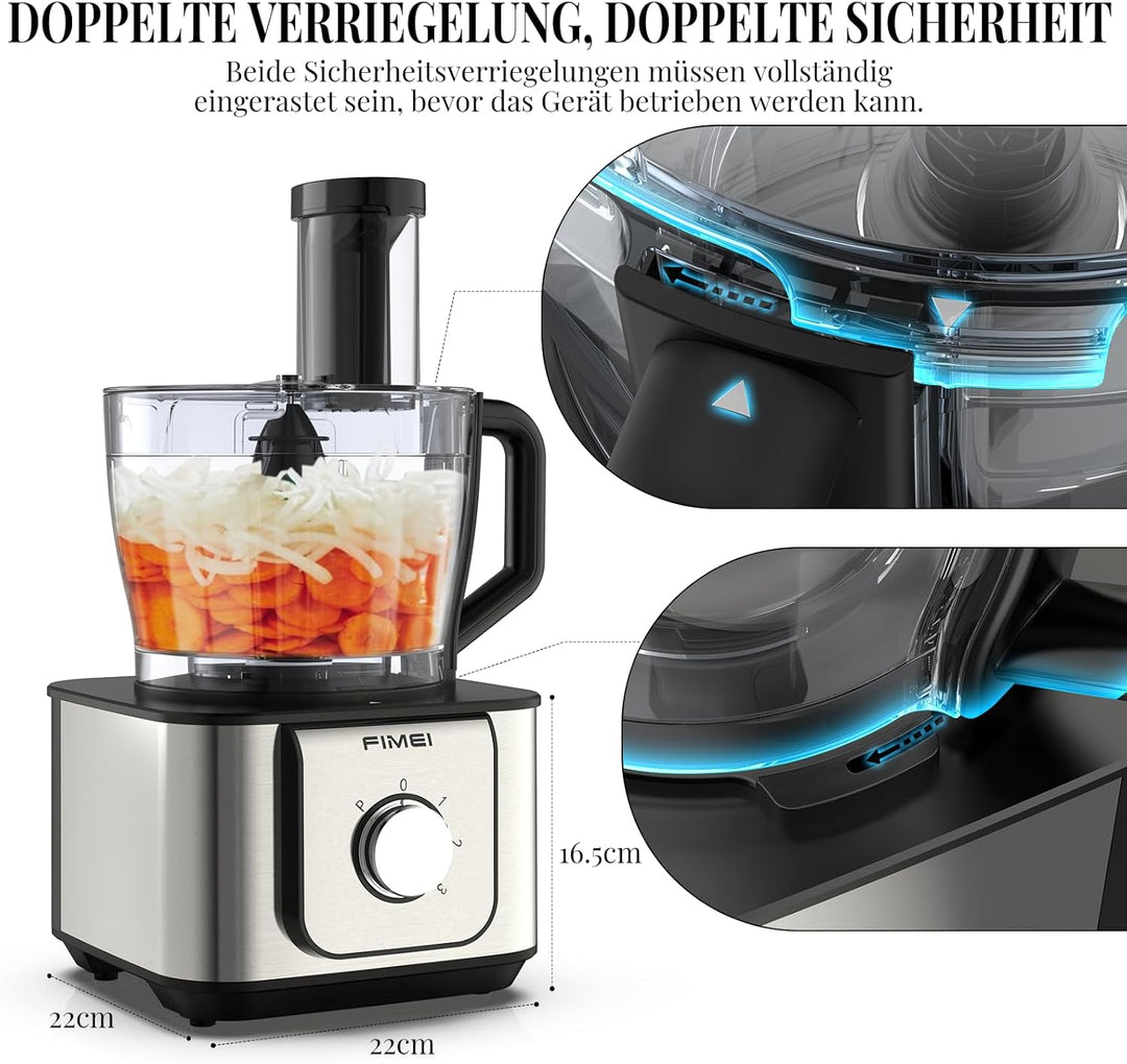 FIMEI Küchenmaschine 1100W, 11-in-1 Küchenmaschine, 3 Geschwindigkeitsstufen &amp; Pulsfunktion, 3,2L Ze