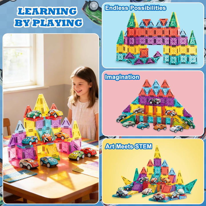 93 PCS Magnetic Tiles Mini Magnetic Building Tiles with Cars, Travel Magnetic Tiles with Storage Bag