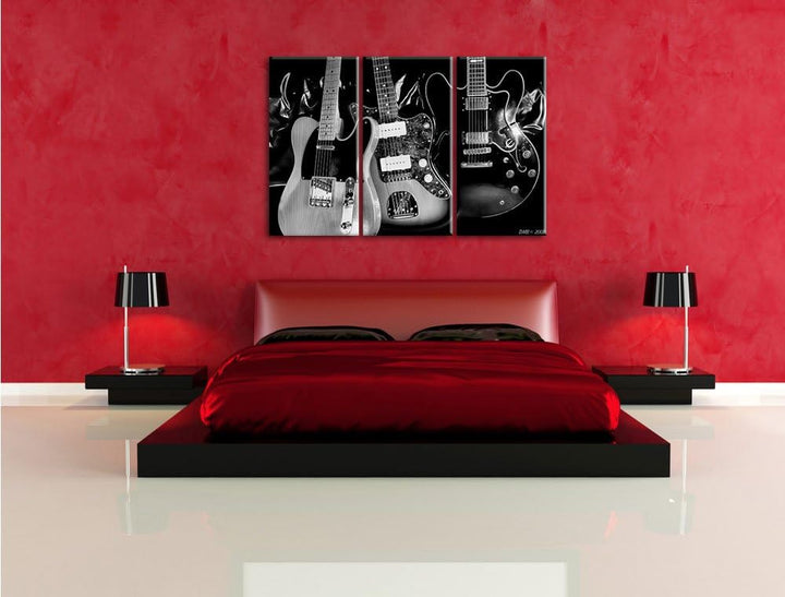 Pixxprint Monocrome, Elegante E-Gitarren 3-Teiler Leinwandbild 120x80 Bild auf Leinwand