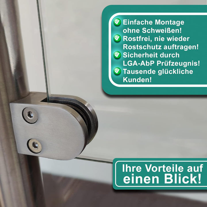 PRIOstahl Glashalter 4 Stück Glasklemme Klemmhalter Glashalter mit Sicherungsplatte + Sicherungsstif